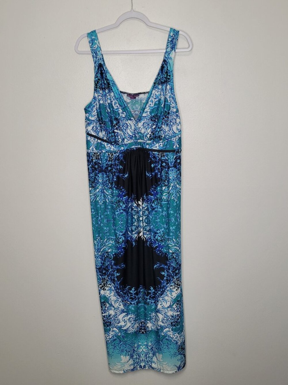 Beverly Drive blue black vacation print long stretch maxi dress size medium